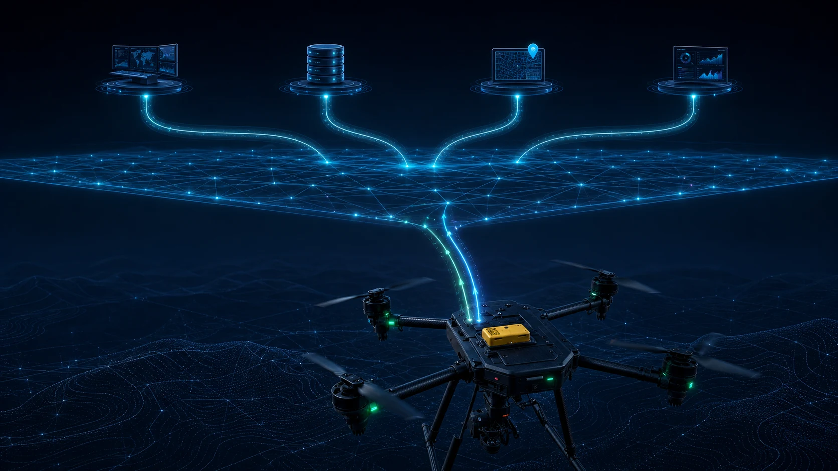 An aircraft connected by Conduit to ground stations, records, maps, and analytics