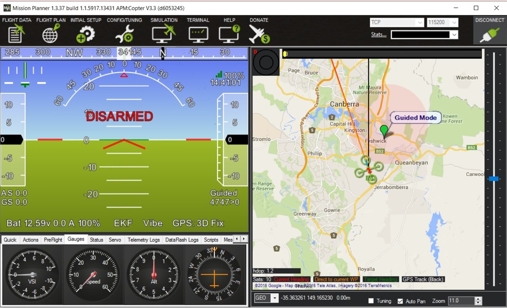 Mission Planner Flight Data screen connected over the SkyRelay link